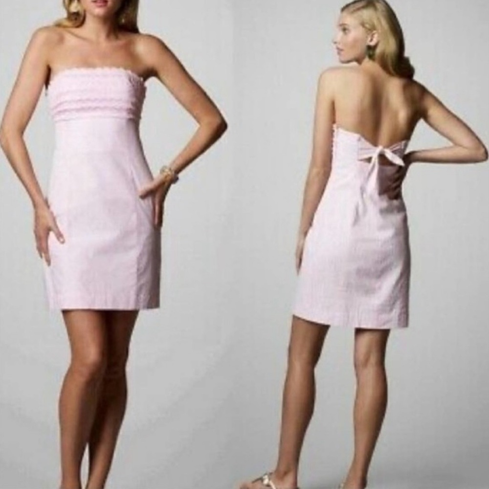 Lily Pulitzer Pink Gingham Scallop boned bodice strapless tie back Dress